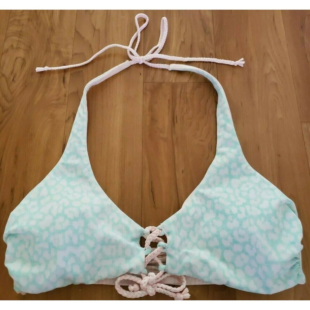 Victoria’s Secret XS Reversible Bikini Top Pink Blue Laced Braid Keyhole Front